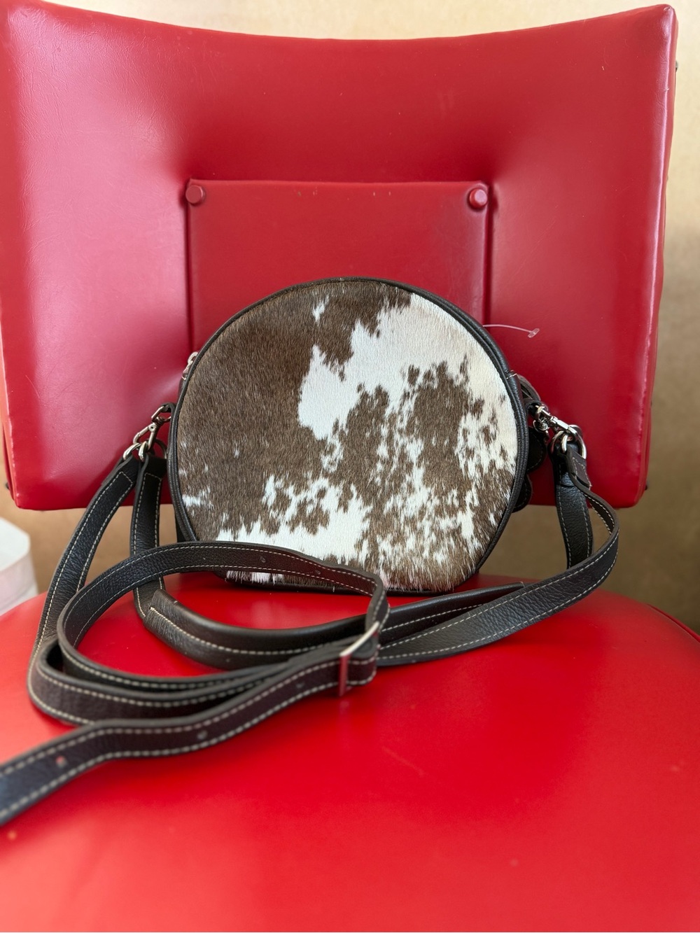 Round Cowhide Crossbody Bag in Brown and White